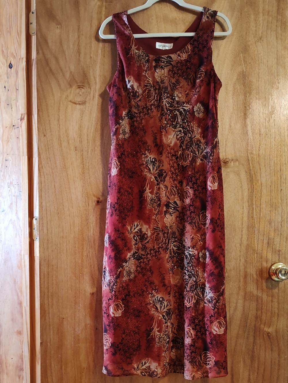 Studio 1 Y2K Bias Cut Dress Metallic Rust Red Brown Floral Sleeveless Size 14